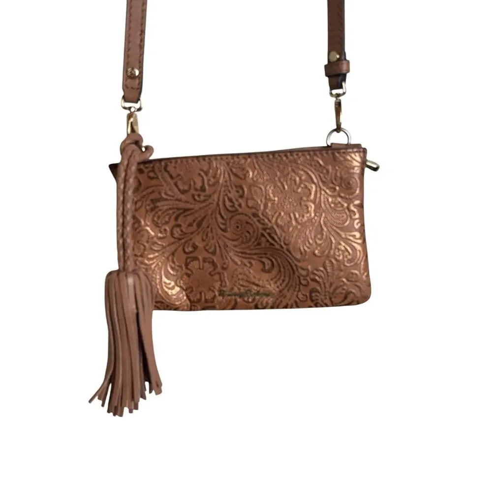 Tommy Bahama Bronze Metallic Tooled Leather Crossbody Wallet Bag